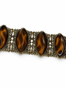 Vintage Tortoise Shell Resin Cuff Bracelet Wide Filigree Gold Tone Statement 6.5